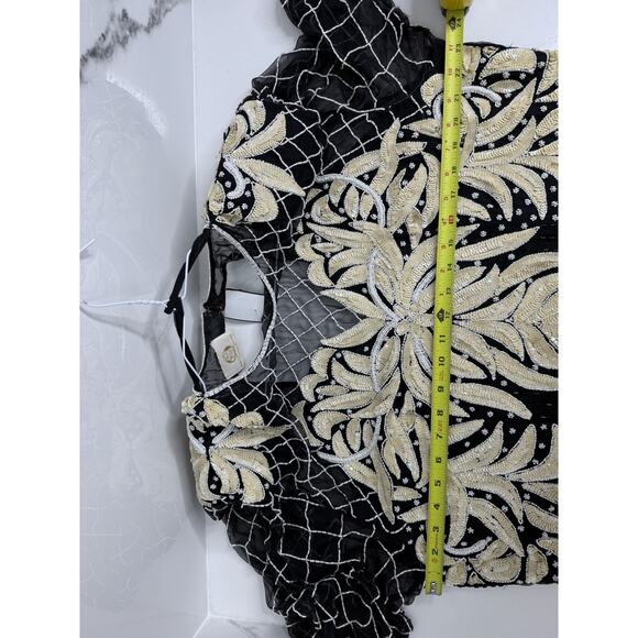 Beaded Silk Laurence Kazar Evening Gown Large VTG Dress Black White Regal Art - Picture 13 of 16